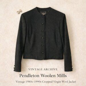 Vintage Pendleton Black Virgin Wool Cropped Jacket Collarless Button Front M